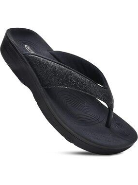 🆕Women's All Black Comfy Arch Support Flip Flops Orthopedic Slip on Sandals